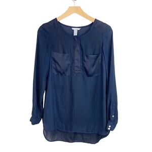 H&M Top Sz 4 Navy Blue Sheer Long Sleeved Tunic Shirt Minimalist Classic Pockets
